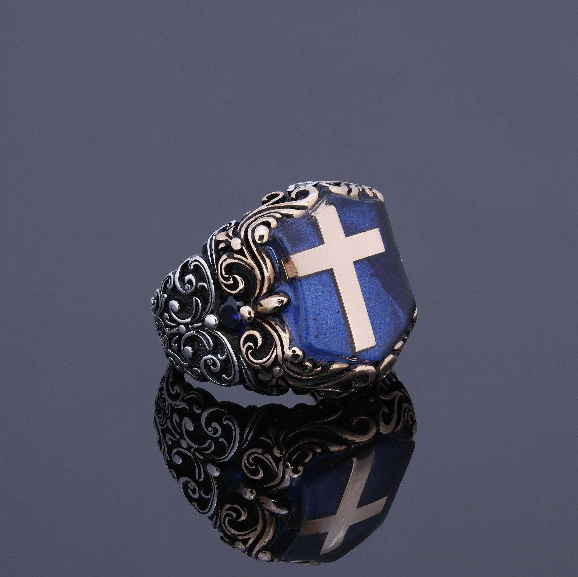 Mens Christian Ring Christianity Cross Blue Pearl Stone