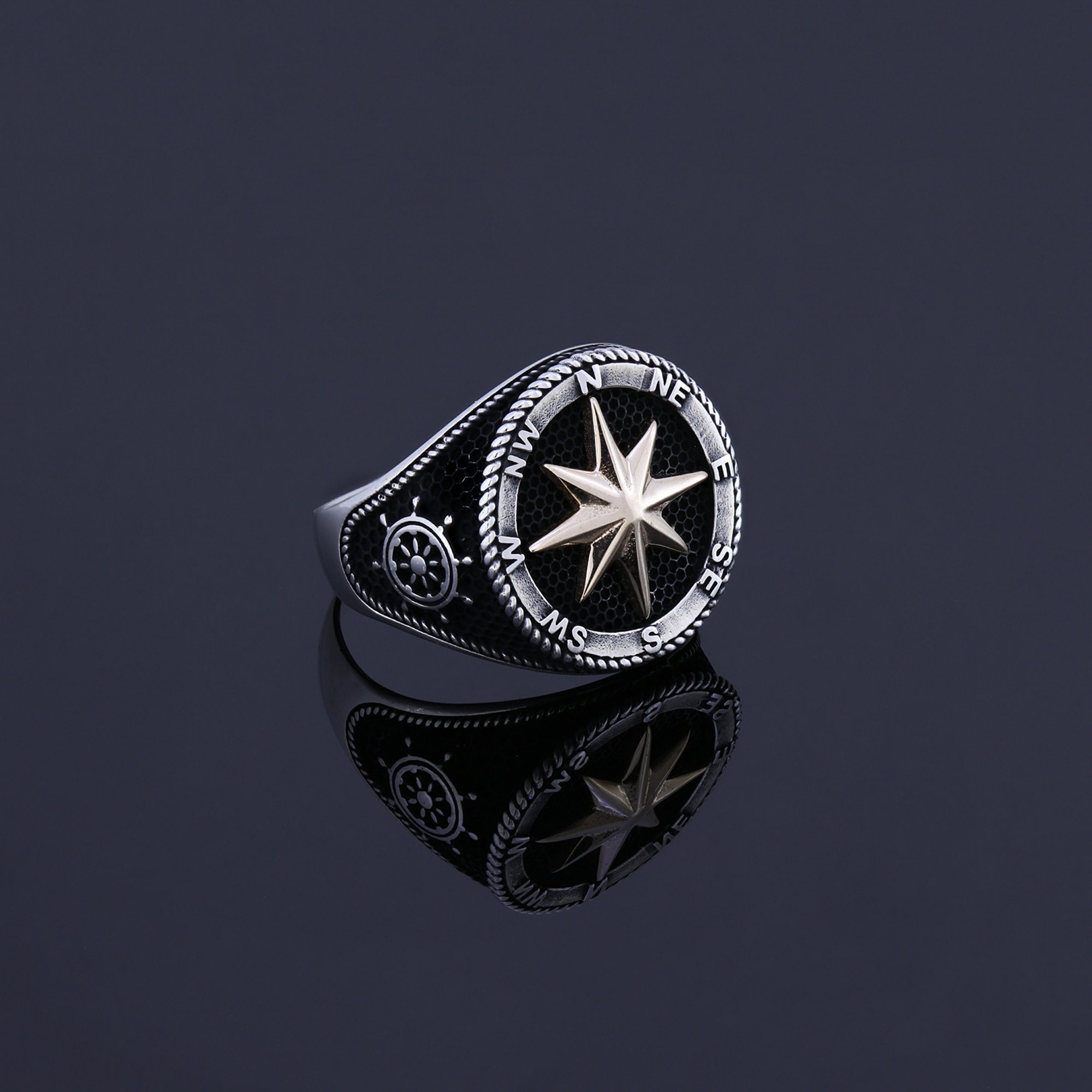 Anillo de brujula para hombre anillo de ancla para hombres joyeria de la marina anillo de sello de marinero sello de marinero direccion de marinero timon regalo de aniversario autentico y fresco