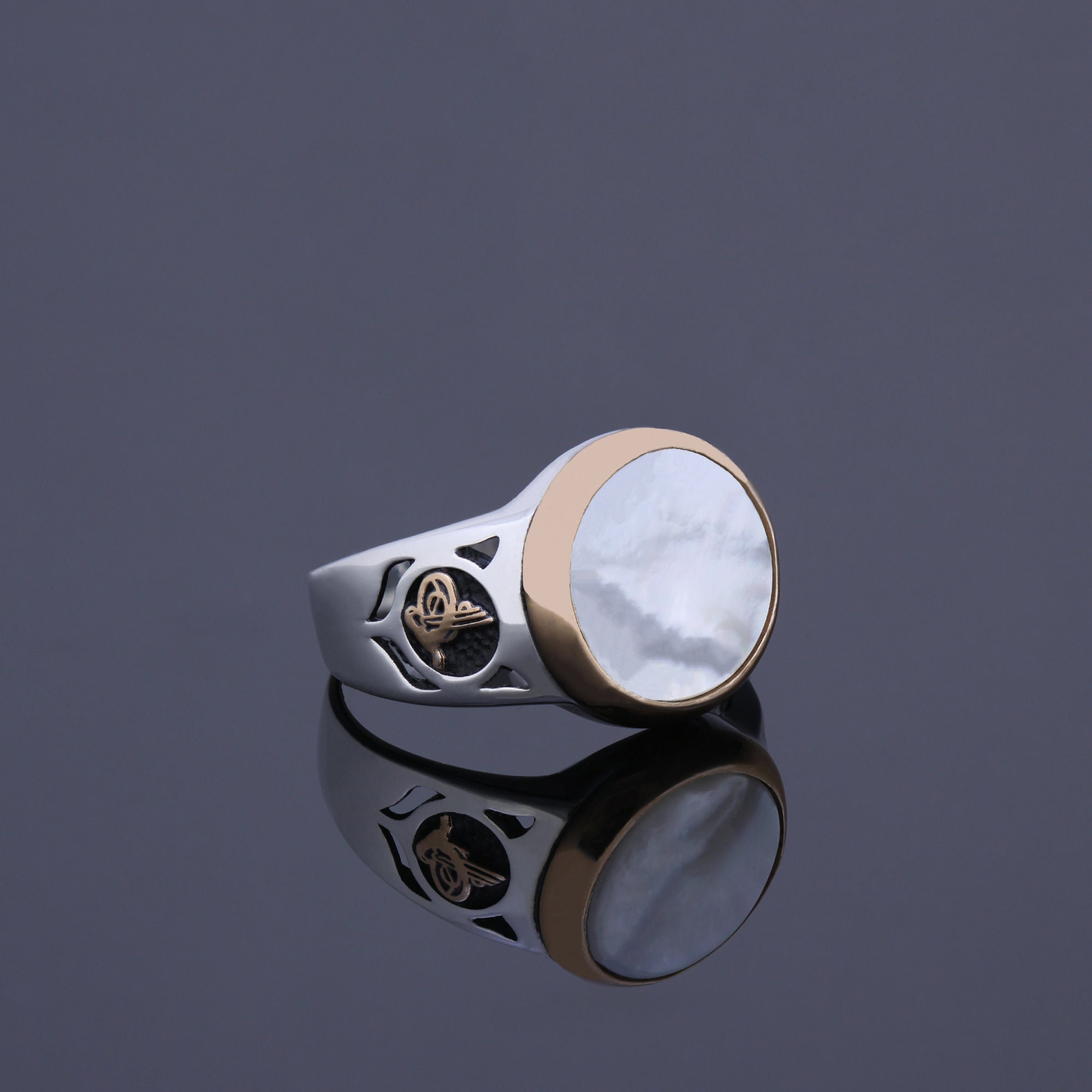 Mother of Pearl Stone Sterling Silver Mens Ring