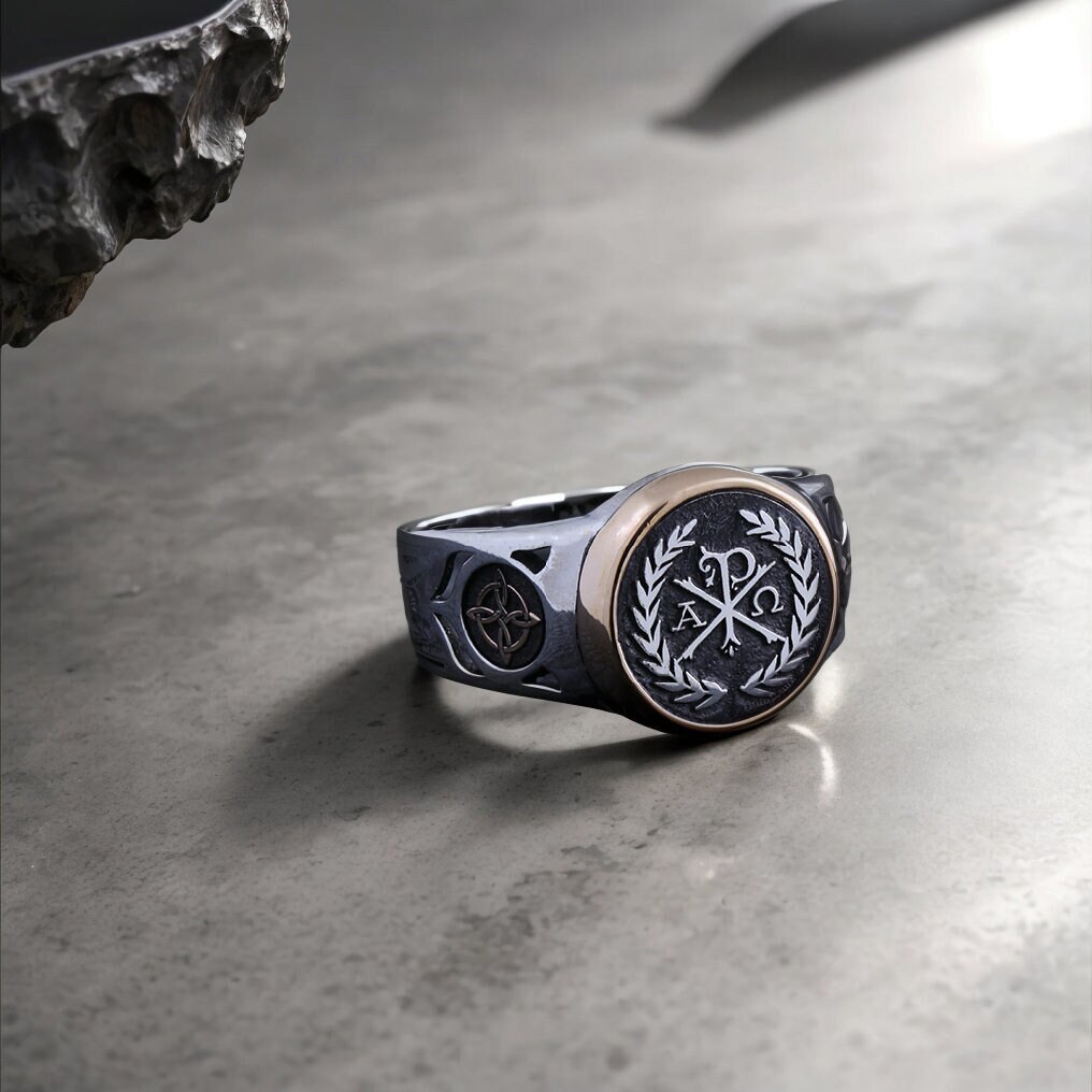 Mens Chi Rho Ring Christogram Christianity Triquetra Ring
