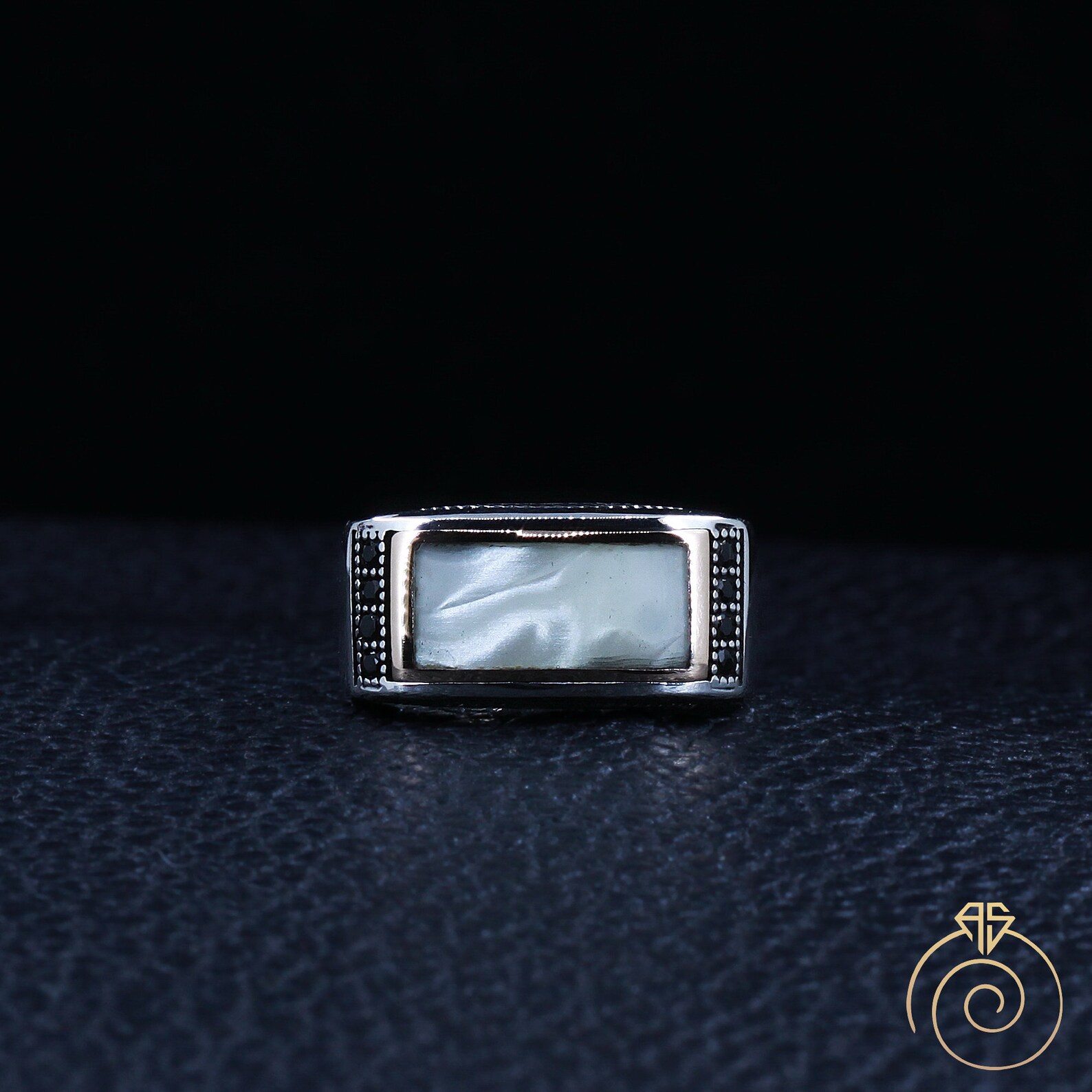 Mens Mother of Pearl Anniversary Ring Unique Sterling Silver Etsy