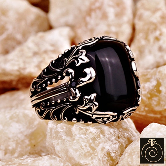 Men's Onyx Statement Ring Sterling Silver Black Gemstone - Etsy