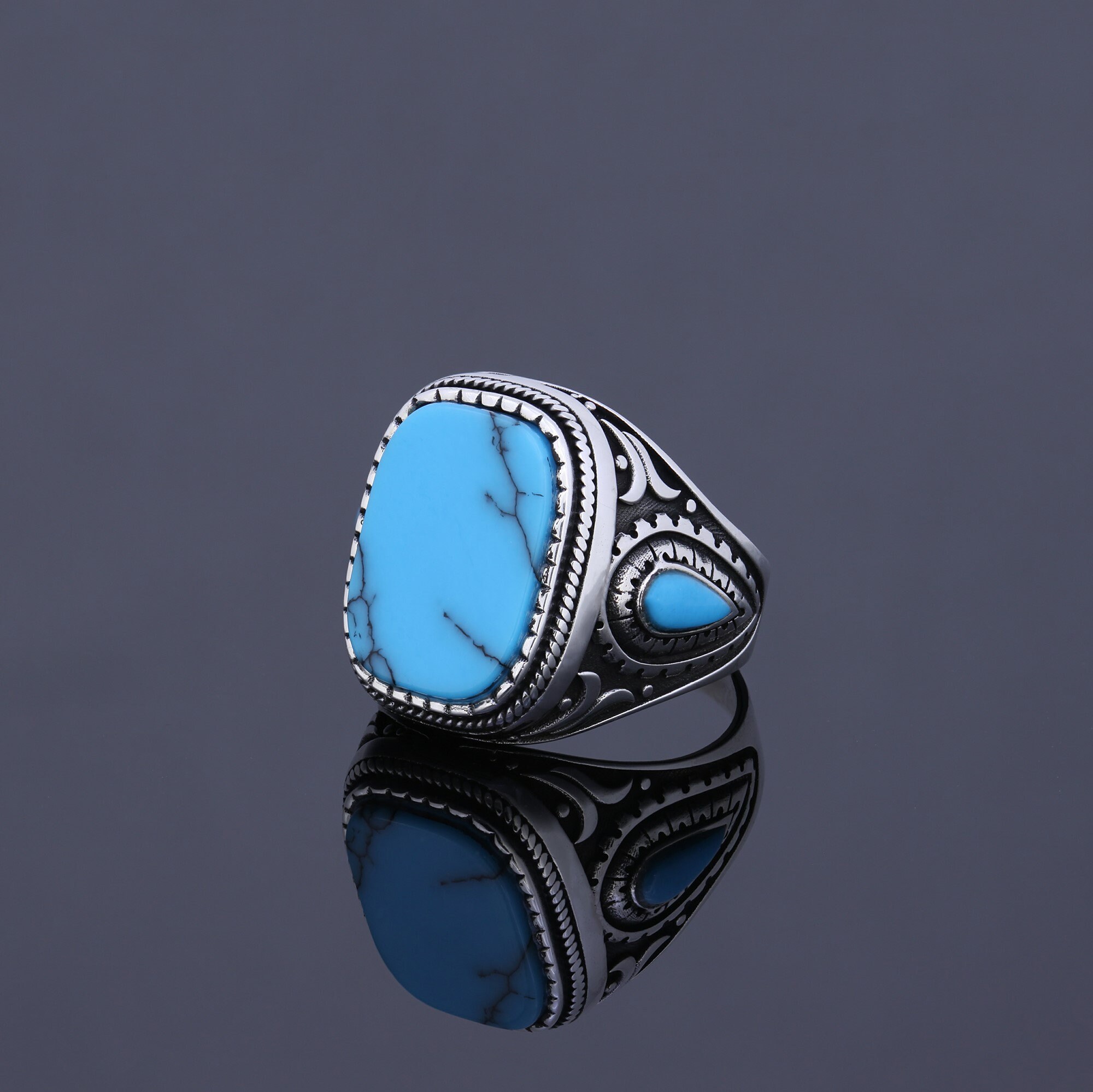 Men Turquoise Navajo Magic Cocktail Ring Unique Engraved - Etsy