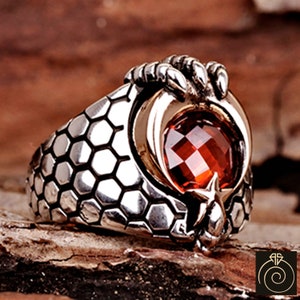 Herrring med röd rubinsten, vintage sterling skyddsklo-ring, jubileumsband, turkiska smycken, månstjärna, muslimsk present till herrar