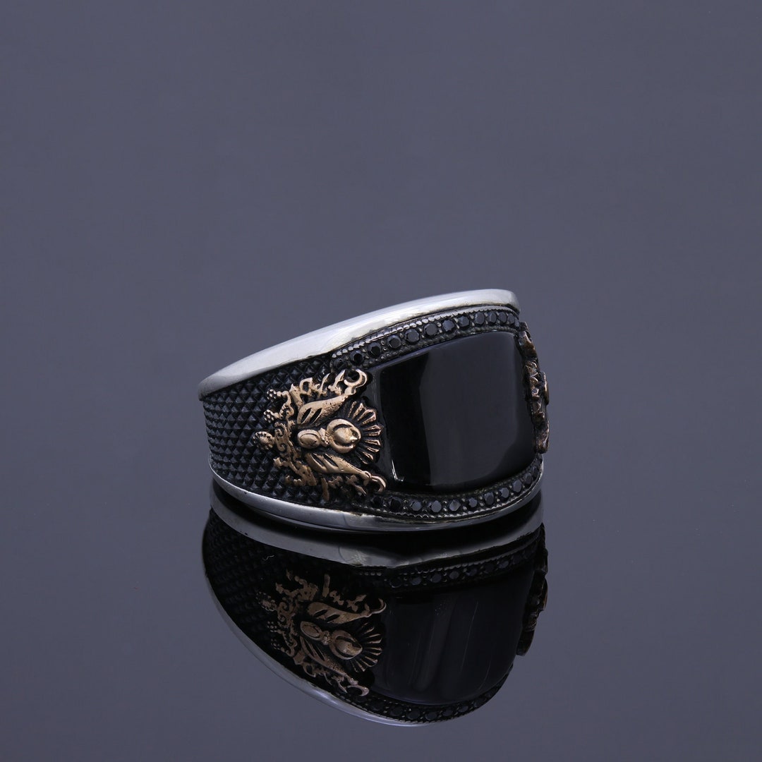 Mens Black Gemstone Cocktail Ring, Custom Sterling Silver Onyx