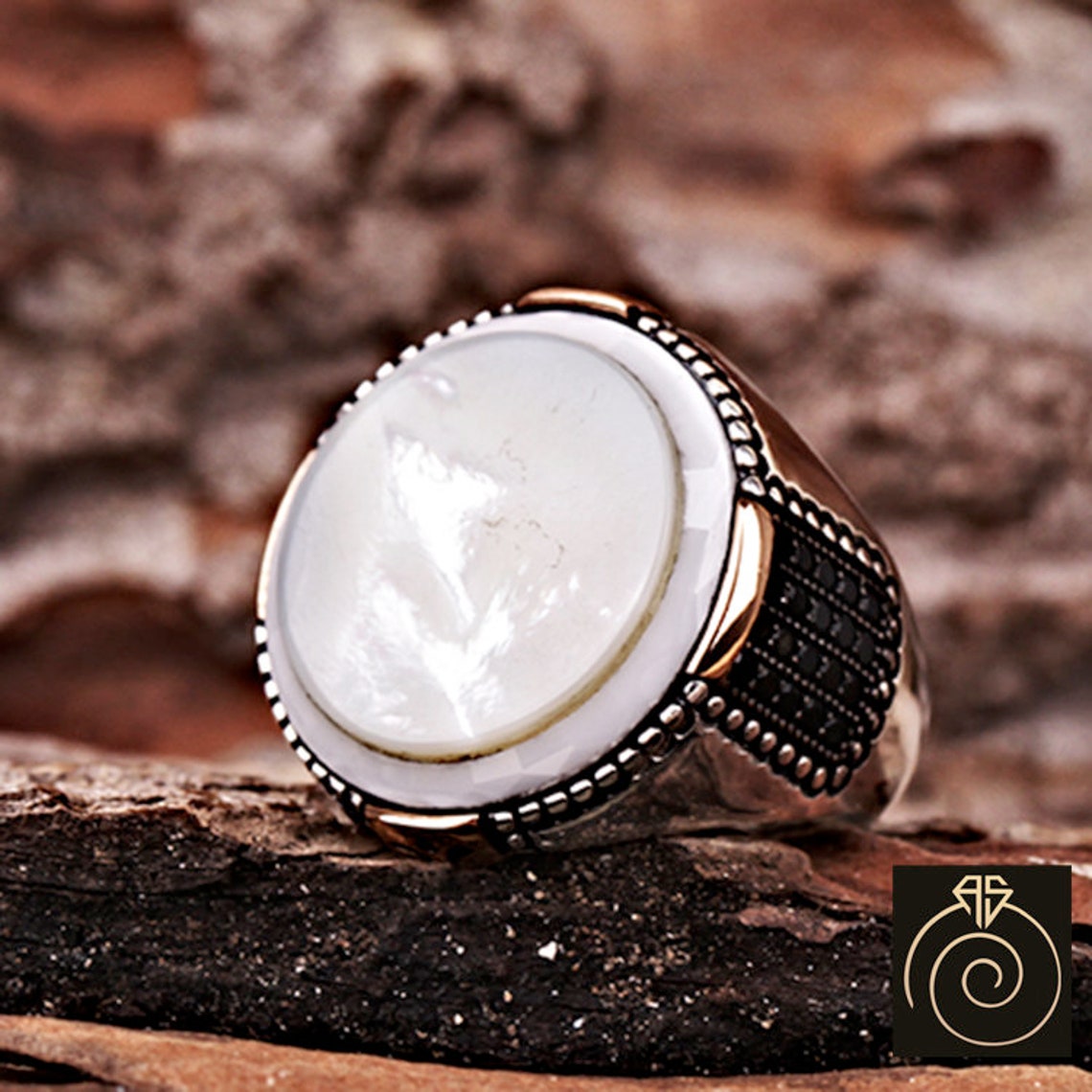 Mens White Gemstone Cocktail Ring Custom Sterling Silver Etsy