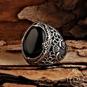 Anillo único de ónix con piedras preciosas para hombre, anillos celtas para hombre, piedra negra, plata, joyería oculta, auténtico regalo masculino musulmán islámico, elegante