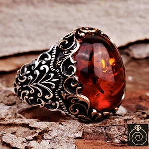 Men's Amber Ring, Unique Engraved Sterling Silver Gemstone Wedding Band, Alternative Engraved Anniversary Ring Bespoke Turkey Empire Jewelry