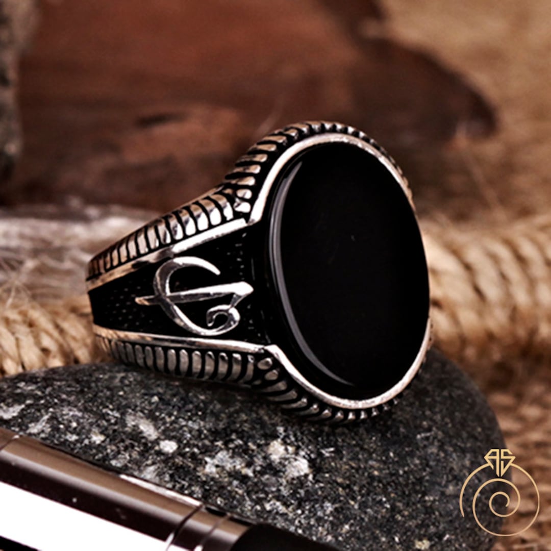 Men's Onyx Ring, Silver Black Gemstone Statement Ring, Bespoke