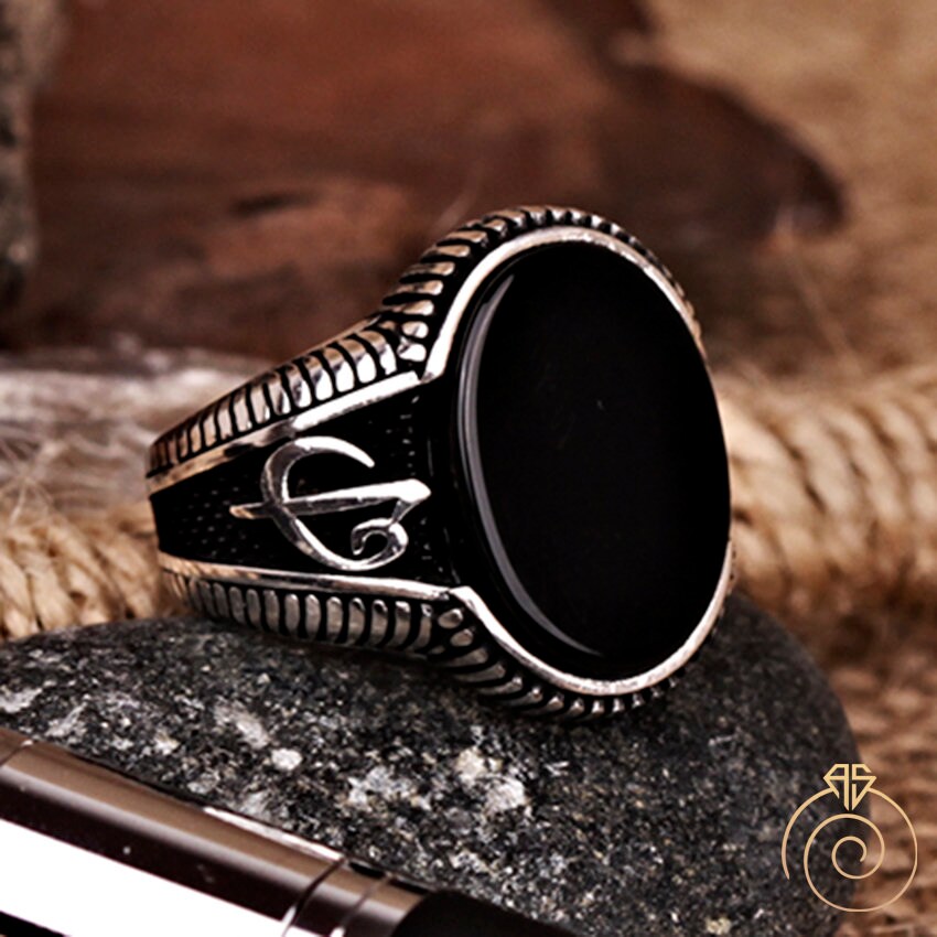 Men's Onyx Ring, Silver Black Gemstone Statement Ring, Bespoke