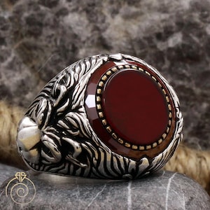 Mens Lion Head Signet Ring, Gladiator Silver Ring Unique, Leo Zodiac Sign Ring For Men Aqeeq Gemstone Jewelry, Leadership Anniversary Gift