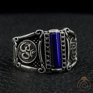 Mens LapisLázuli Gemstone Silver Allah Ring, Letra árabe y budista Ohm Símbolo Joyería, Anillo religioso islámico para regalo musulmán Yoga 925