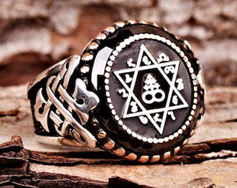 Star of David Leviathan Symbol Enochian Letter Men Ring Custom Wicca Jewelry Shield of David Hexagram Symbol Protection Satan Cross Lucifer