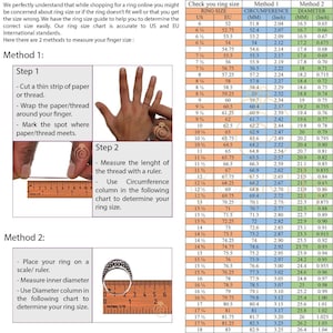 May include: A chart showing two methods for measuring ring size. The first method uses a strip of paper or thread to measure finger circumference. The second method uses a ruler to measure the inner diameter of a ring. The chart includes US and EU ring sizes, circumference in millimeters and inches, and diameter in millimeters and inches.