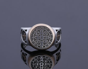 Saint Benedict Medal Ring, Men Religious Cross Ring