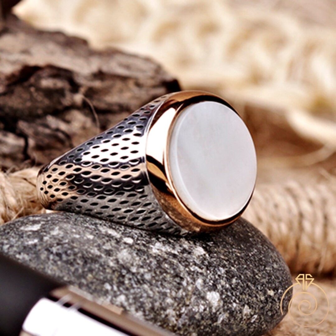 Mens Mother of Pearl Ring, Engraved Sterling Silver White Gemstone Wedding Band, Contemporary