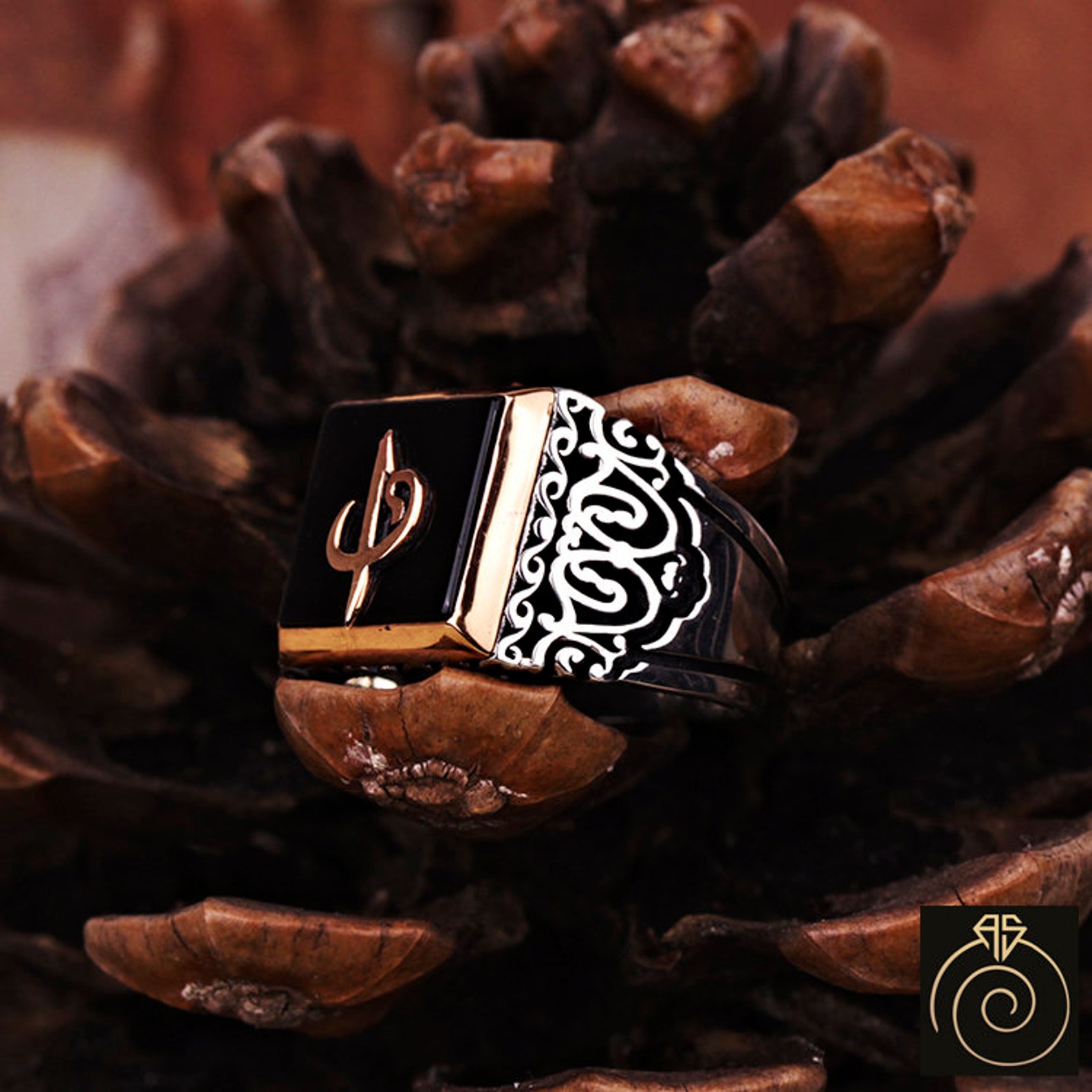 Islamic Mens Rings Gemstone Black Stone Silver Muslim Waw Ring Etsy