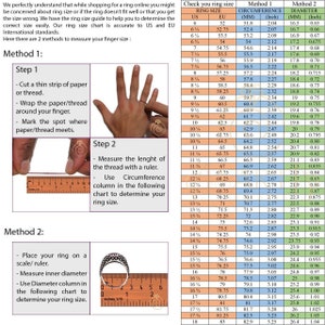May include: A chart showing two methods for measuring ring size. The first method uses a strip of paper or thread to measure finger circumference. The second method uses a ruler to measure the inner diameter of a ring. The chart includes US and EU ring sizes, circumference in millimeters and inches, and diameter in millimeters and inches.