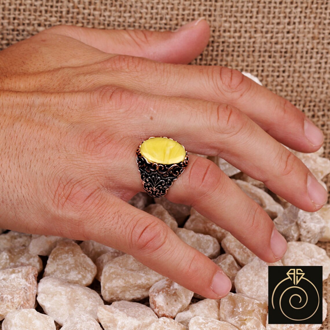 Men's Amber Ring Unique Engraved Sterling Silver Gemstone Etsy