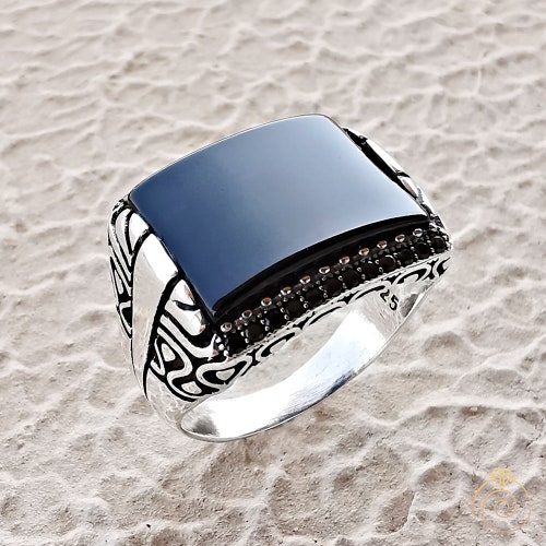 Men’s Onyx Anniversary Ring, Authentic Sterling Silver Black Onyx Gemstone Goth shops Antique Band, Bohemian Rectangle Stone Carved Cool Jewelry