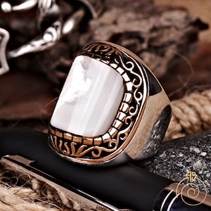 Men’s White Gemstone Cocktail Ring, Sterling Silver Mother Of Pearl Mens Wedding Ring, Protection Medieval Jewelry, Vintage Huge Ring 925