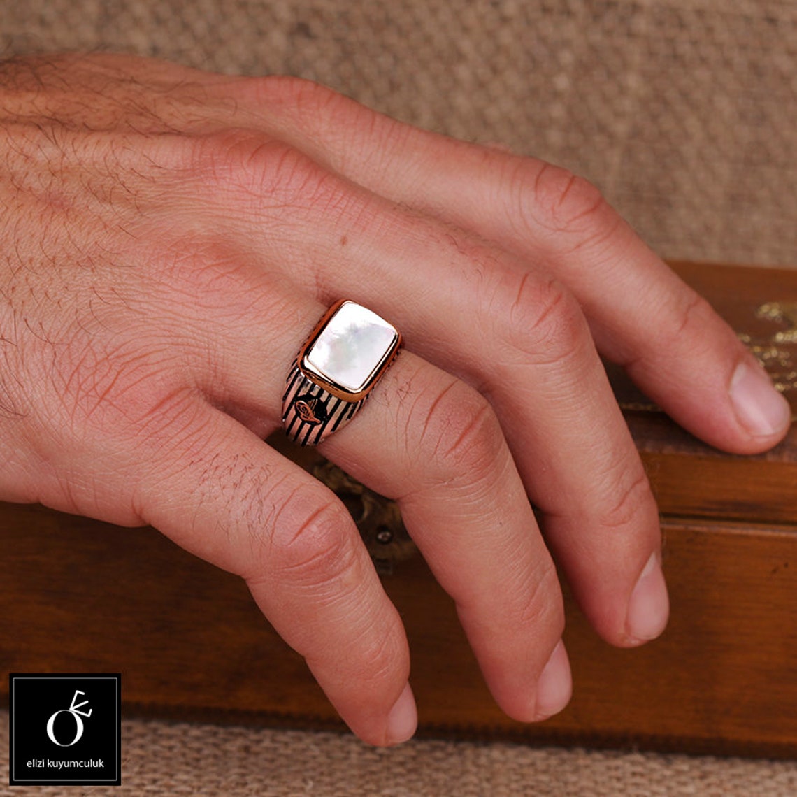 Mens Mother Of Pearl Ring Engraved Sterling Silver White Etsy