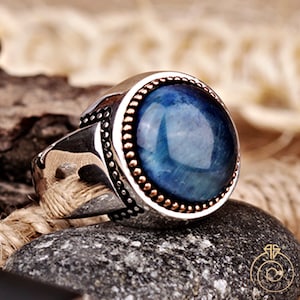 Men's Tiger Eye Cocktail Ring, Unique Sterling Silver Blue Gemstone Gents Wedding Band, Vintage Engraved Viking Empire Occult Jewelry Gift 4