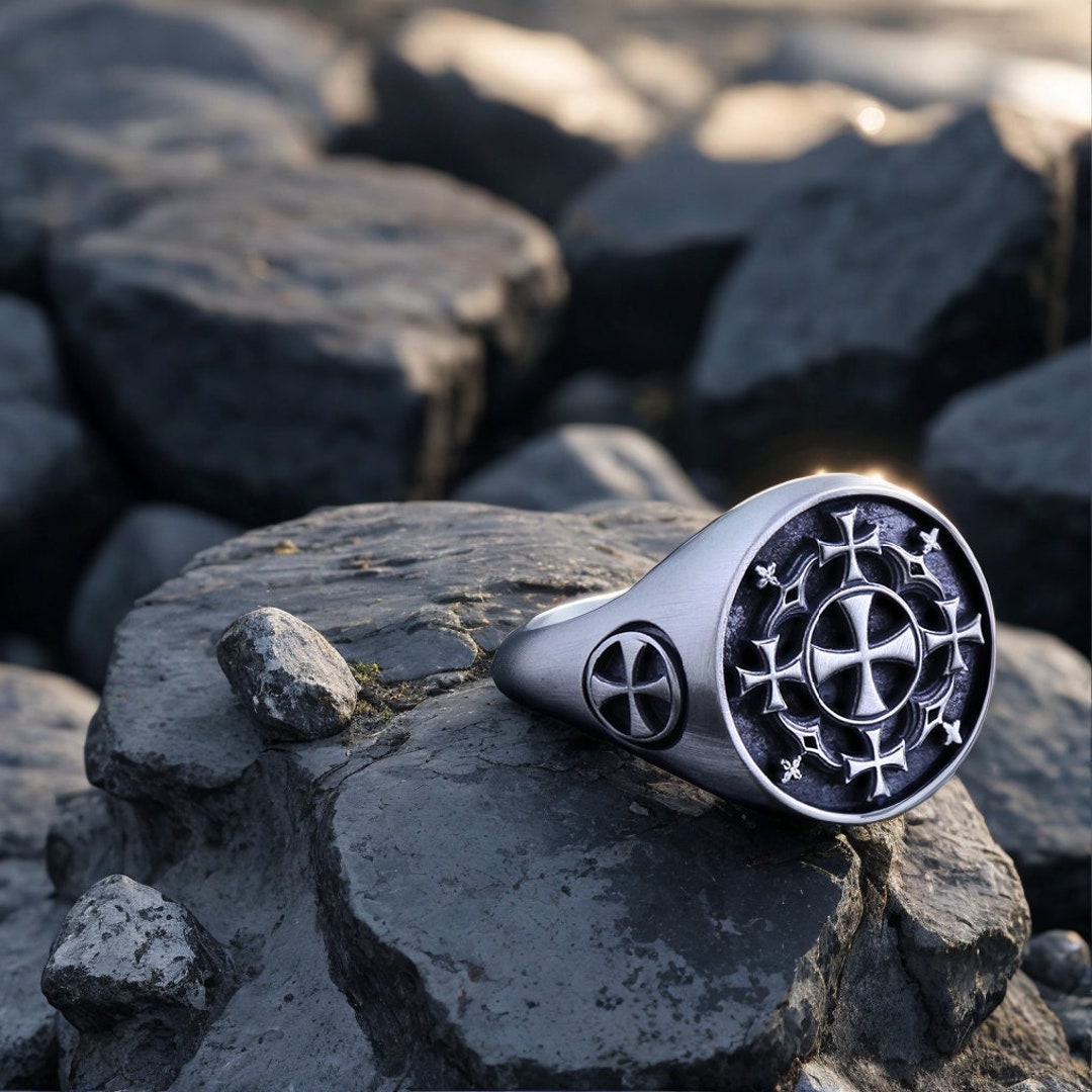 Mens Christian Ring Christianity Cross Ring, Engraved Medieval Signet ...