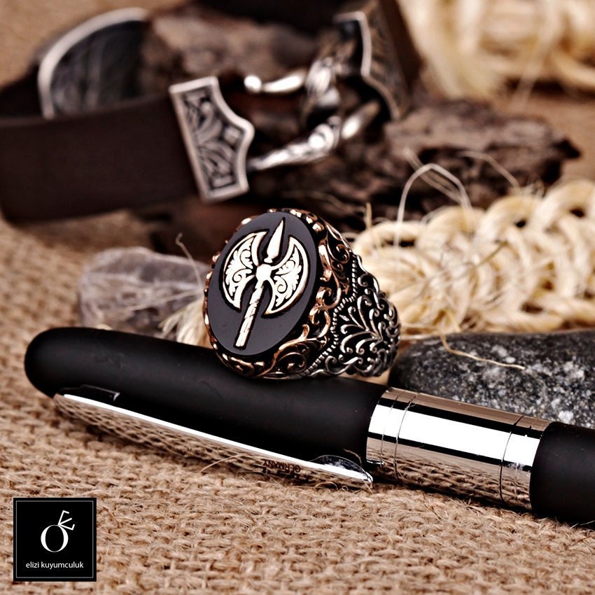 Mens Warrior Rings Ax Onyx Spartan Galdiator Heraldic Ring for - Etsy
