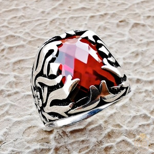 Men’s Ruby Anniversary Ring, Unique Sterling Silver Red Ivy Wedding Band, Alternative Medieval Jewelry, Fantasy Ancient Heraldic Gift