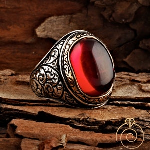 Mens Ruby Ring, Silver Red Quartz Fantasy Engraved Wedding Ring Unique Contemporary Band, Occult Inspiration Premium Rings Gentleman Jewelry