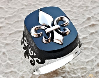 Homme Fleur De Lis Bague Lys Bagues Onyx Gemstone Bague Pour Hommes Homme Noir Français Bijoux Fait à la main 925 Argent vintage Lily Signet Symbole Héraldique