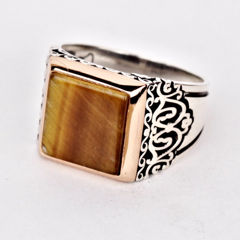 Mens Tigers Eye Ring Engraved Sterling Silver Brown Tiger - Etsy