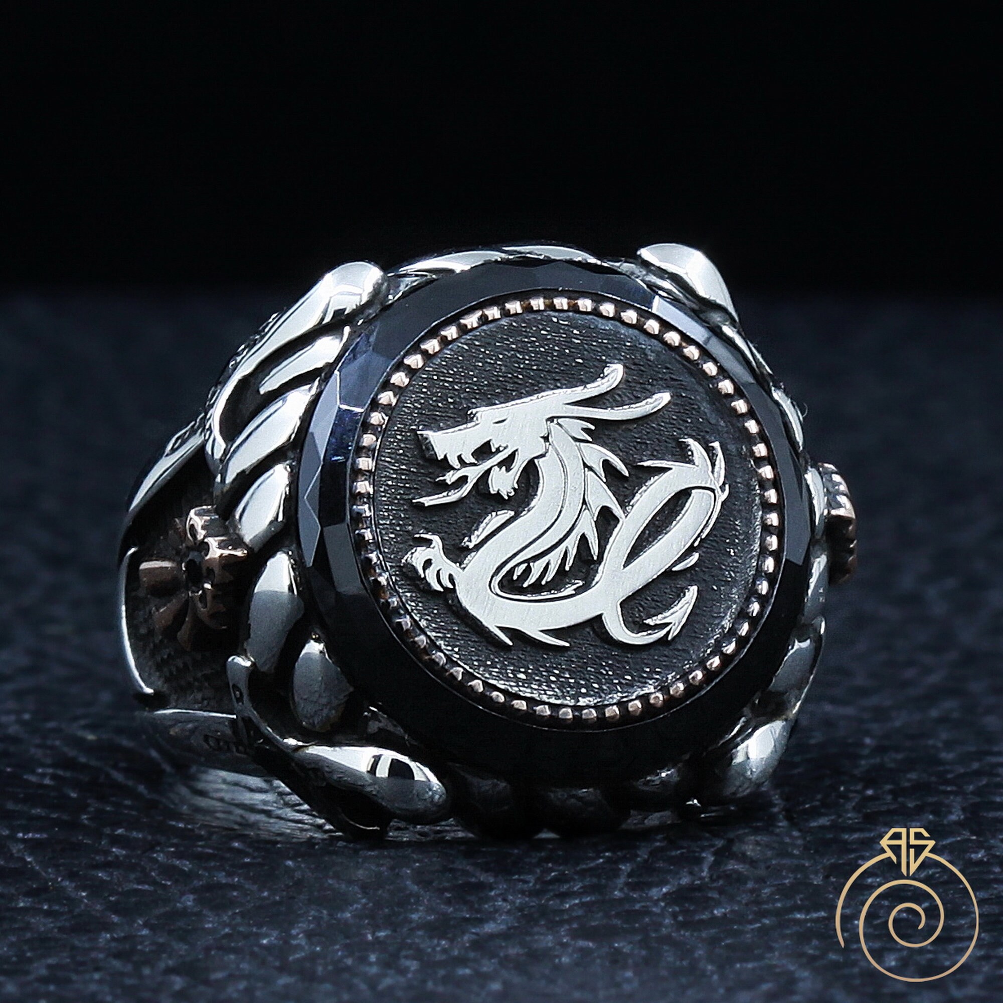 Mens Dragon Ring Silver Black Engagement Men Ring Etsy