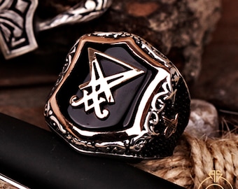Unique Mens Sigil Of Lucifer Ring For Men Black Onyx Gemstone Man Jewelry Satanist Silver Engraved Devil Seal of Satan Ring Symbol Signet