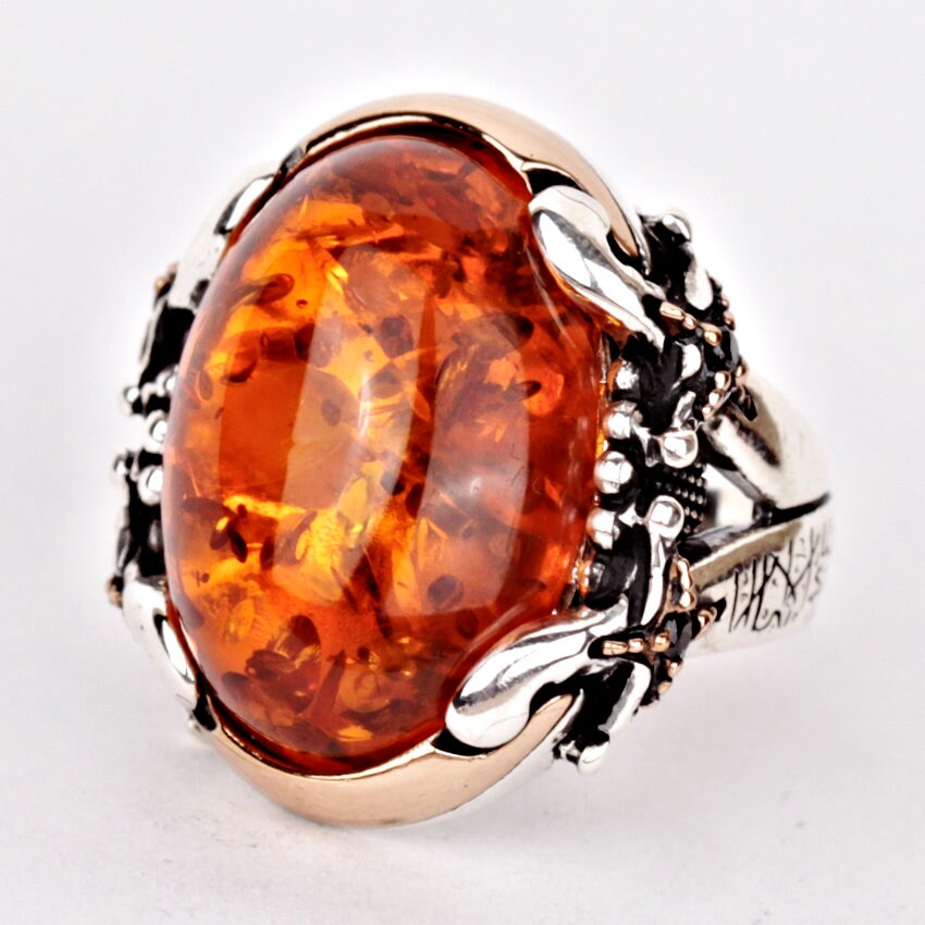 Men's Amber Ring Unique Engraved Sterling Silver Gemstone Etsy