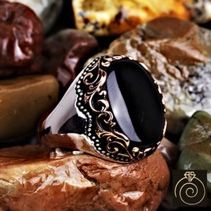 Men’s Onyx Sterling Silver Statement Ring, Amazing Royal Black Stone Husband Infinity Band, Eslimi Design Persian Empire Jewelry Gift Him