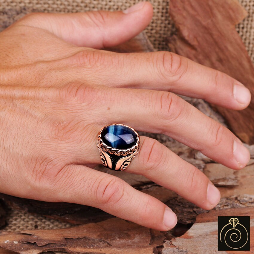 Tiger Eye Silver Men Statement Ring Blue Gemstone 925 Etsy