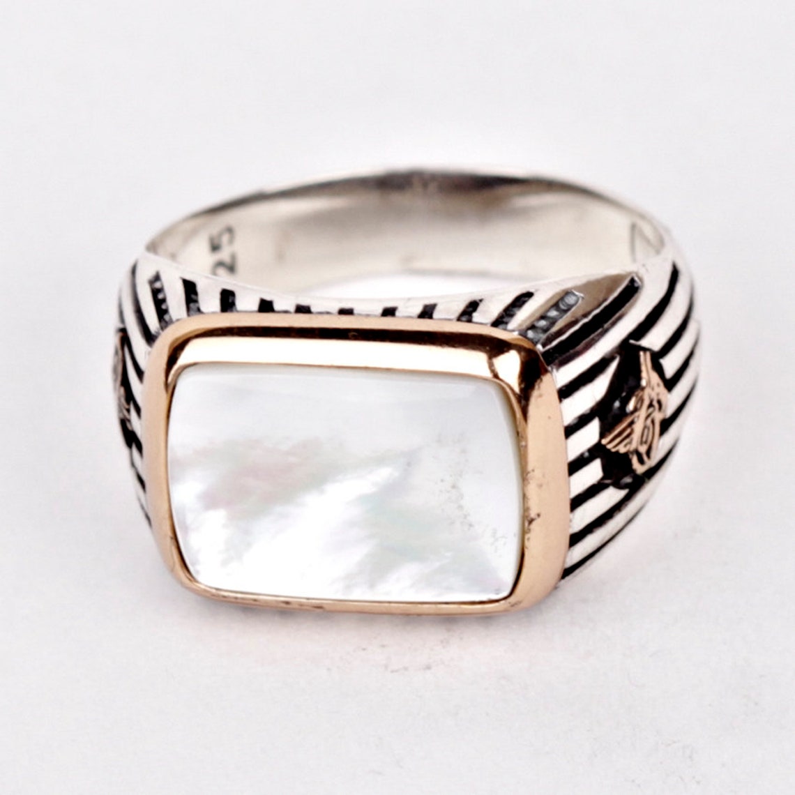 Mens Mother Of Pearl Ring Engraved Sterling Silver White Etsy