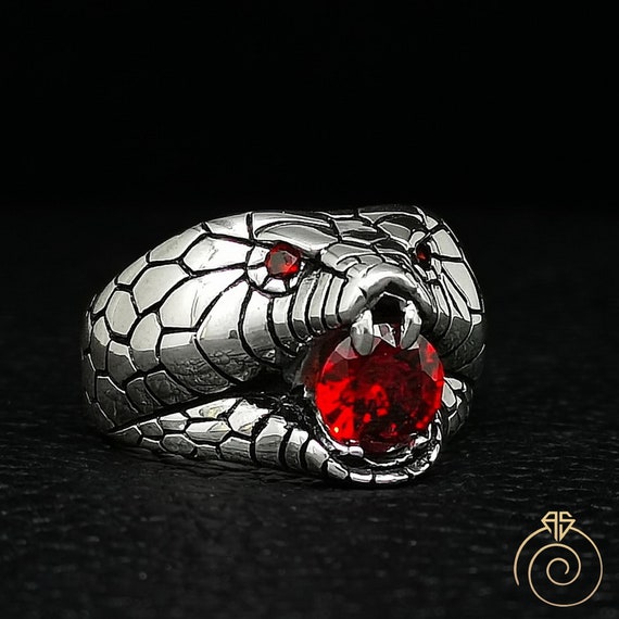 Mens Snake Head Ring Cobra Design Silver Fancy Animal Signet Ruby