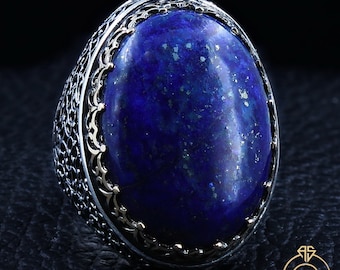 Mens Lapis Lazuli Big Ring, Gemstone Carved Occult Jewelry For Men Oval Stone Statement Silver Large Vintage Antique Brutalist Design Cool