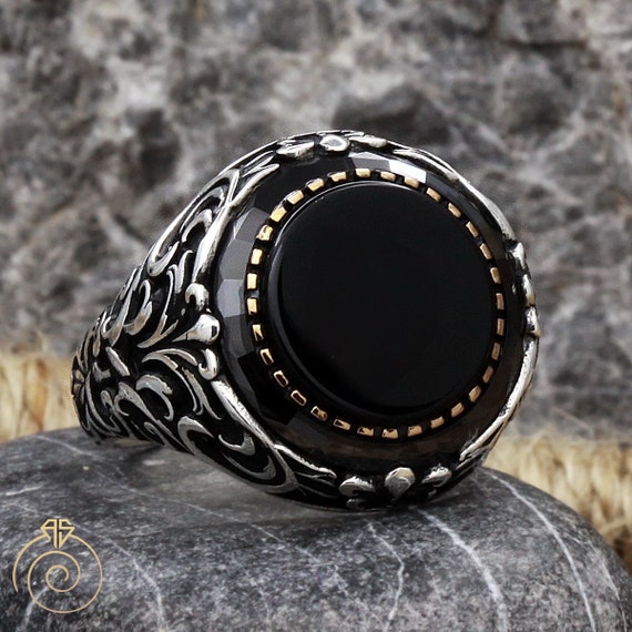 Mens Gemstone Engagement Ring, Alternative Promise Ring for Men Vintage  Carved Silver Statement Jewelry, Black Onyx Natural Stone Cool Rings - Etsy