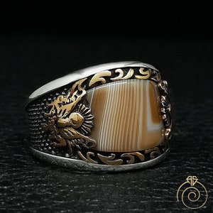 Men’s Agate Statement Ring Vintage Sterling Silver Aqeeq Natural Stone Wedding Band Ottoman Jewelry, September Birthstone Unique Gemini Gift