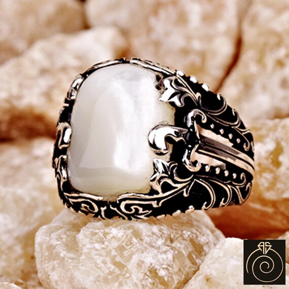 Men's Pearl Ring Silver White MOP Gemstone Statement Etsy