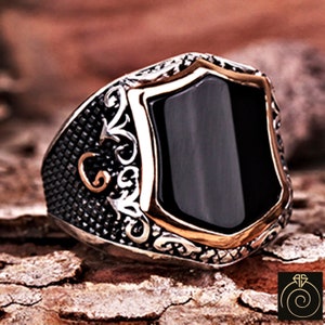 Mens Onyx Silver Cocktail Shield Protection Ring Classy Black Stone Index Finger Infinity Band, Religious Magic Jewelry Can Be Customization