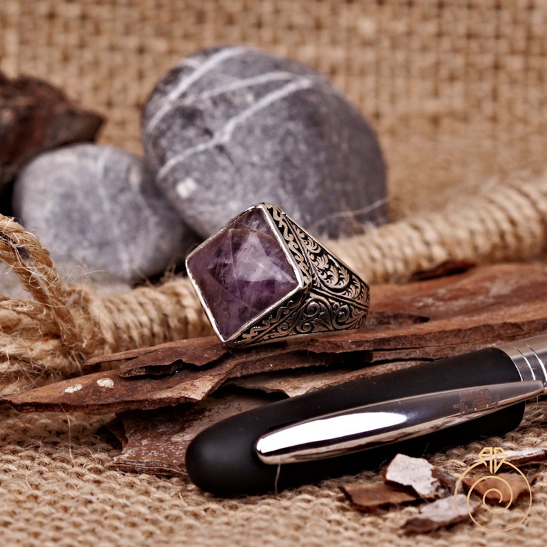 Men's Natural Amethyst Silver Statement Ring Gemstone Etsy