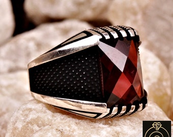 Men’s Ruby Anniversary Ring, Unique Sterling Silver Red Stone Wedding Band, Alternative Antique Engagement Jewelry, Ozidized Fiance Gift 925