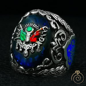 Men’s Blue Stone Silver Statement Ring, Original Vintage Design Heraldic Symbol Anniversary Band, Wide Turkish Empire Signet Jewelry Gift,