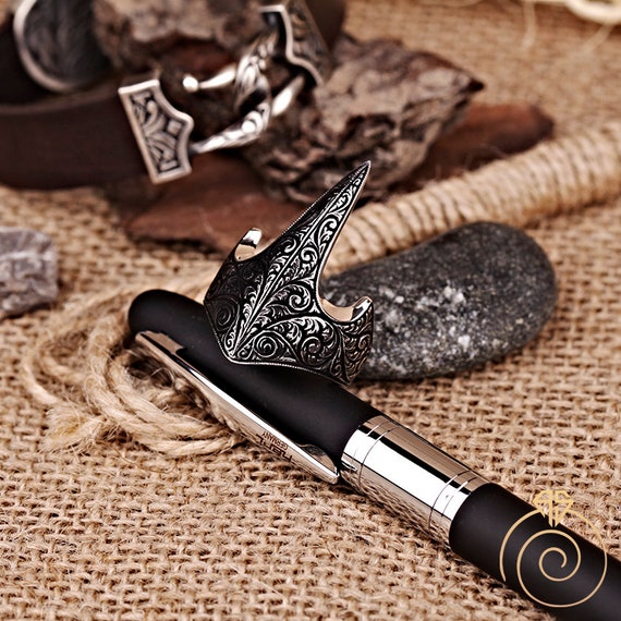 Men Thumb Ring, Viking Archer Black Ring, Unique Engraved Sterling