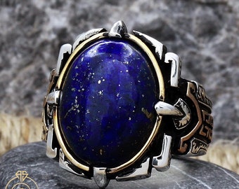 Herren Blau Lapislazuli Ring, Vintage Silber Edelstein Statement Ring Alternatives Versprechen Okkulter Ring, Mitte des Jahrhunderts Silber 925 Schmuck